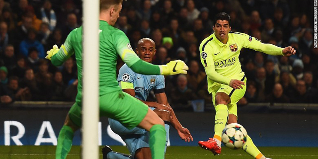 Suarez berhasil melesakkan dua gol pada laga melawan Manchester City, Selasa (24/2/2015) malam. (Foto: BeritaPrima/afp)